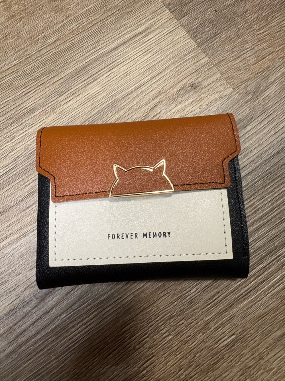 Forever Memory Color Block Trifold Wallet Cat Clasp NWT Korean Style Black/Brown